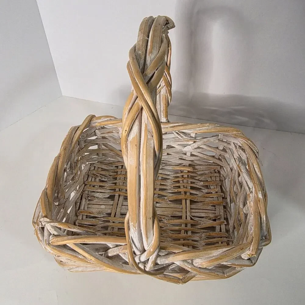 Whitewashed Wicker Basket Tall Handle Rustic Farmhouse Cottagecore Decor 11in